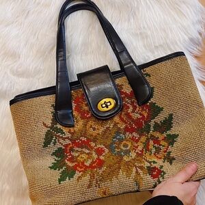 Beautiful Vintage Tan and Black Floral Carpet Purse